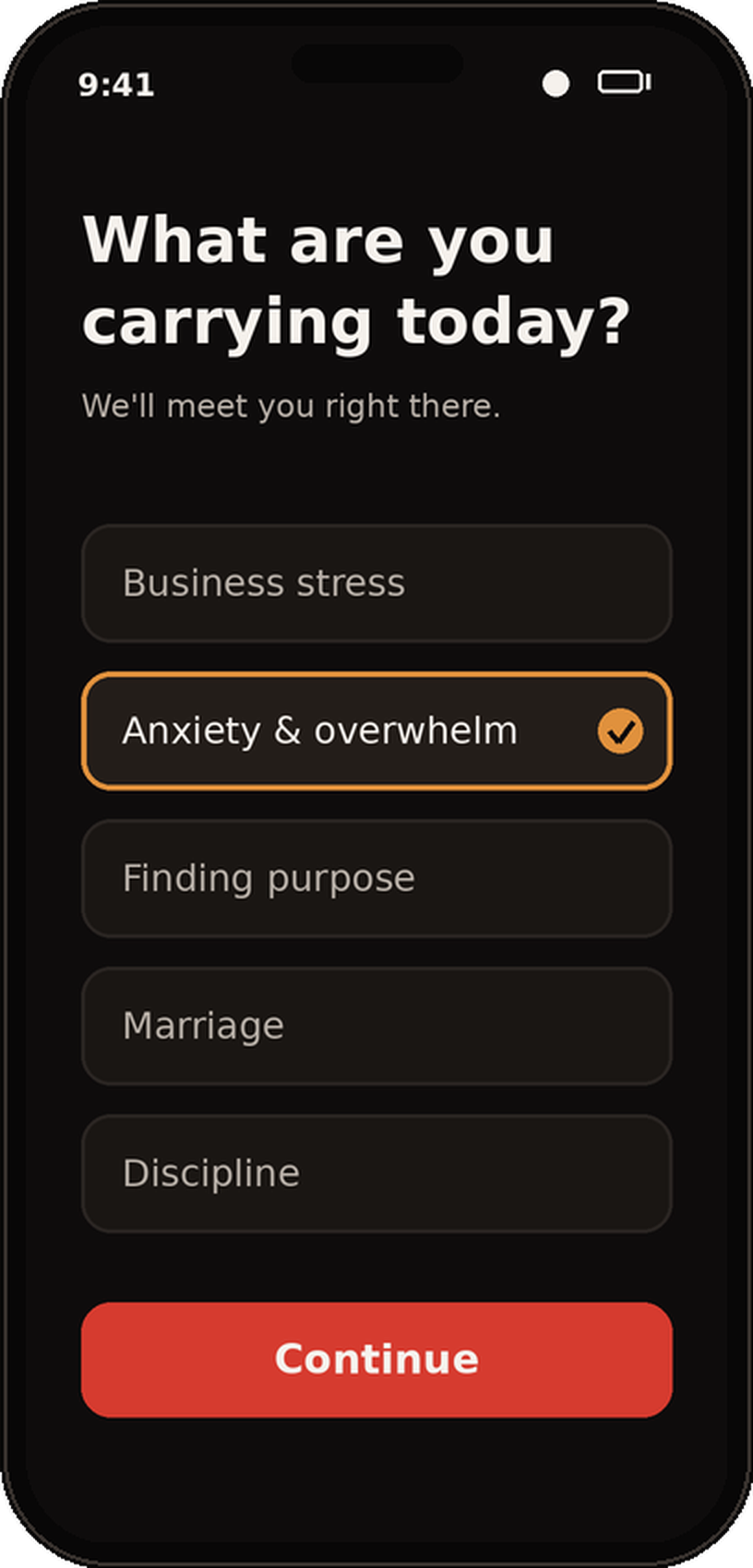 Choosing a prayer category in the BYT app.