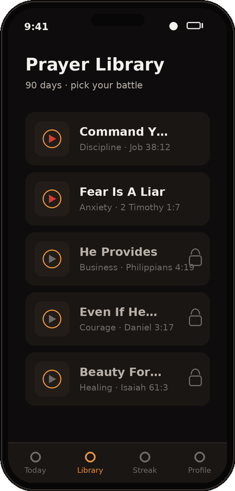 The BYT prayer library showing categories and recent drops.